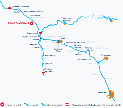 Mapa de rutas de navegación en barco  fluvial por La Mas D´Agenais