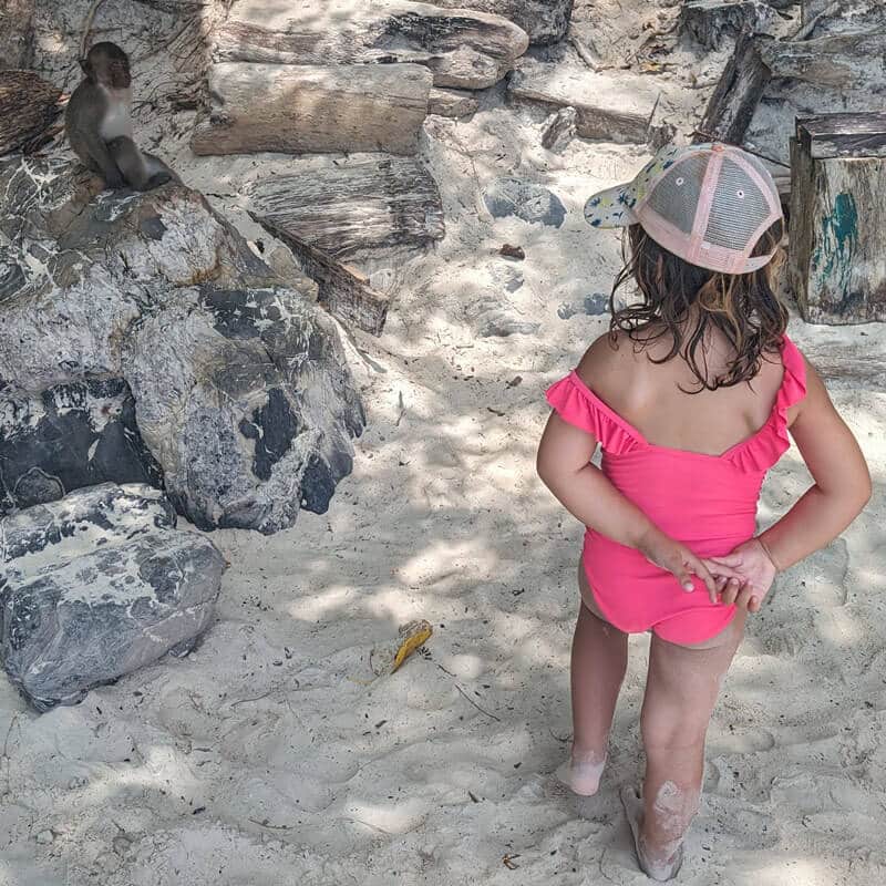 Zoe mirando un mono en monkey beach